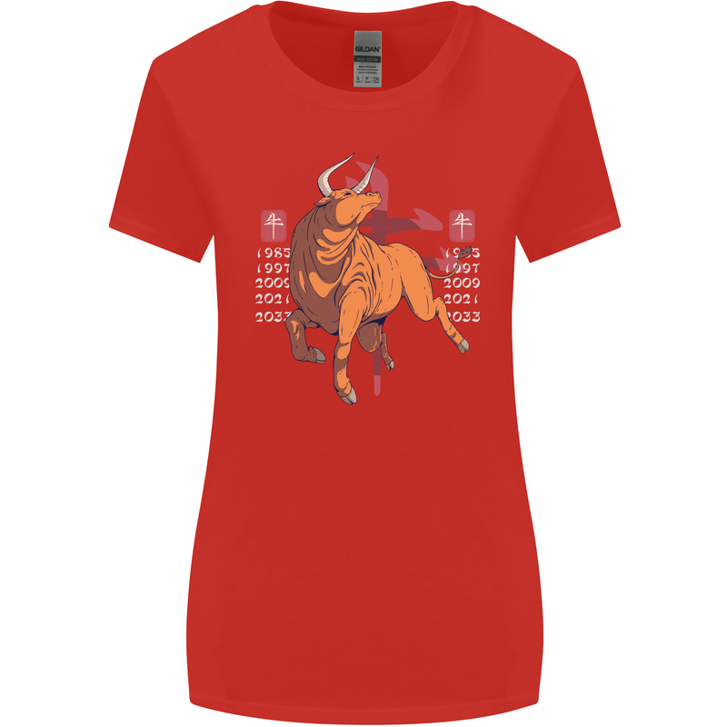 Chinese Zodiac Shengxiao Year of the Ox Womens Wider Cut T-Shirt Red