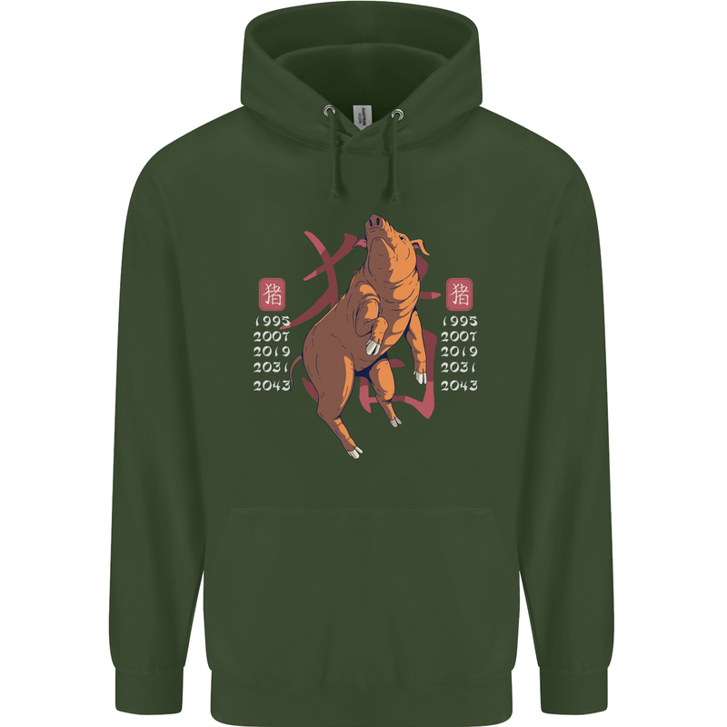 Chinese Zodiac Shengxiao Year of the Pig Childrens Kids Hoodie Forest Green