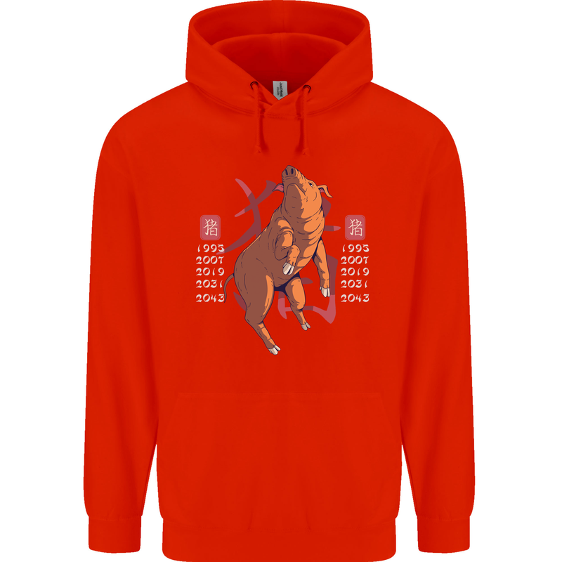 Chinese Zodiac Shengxiao Year of the Pig Mens 80% Cotton Hoodie Bright Red