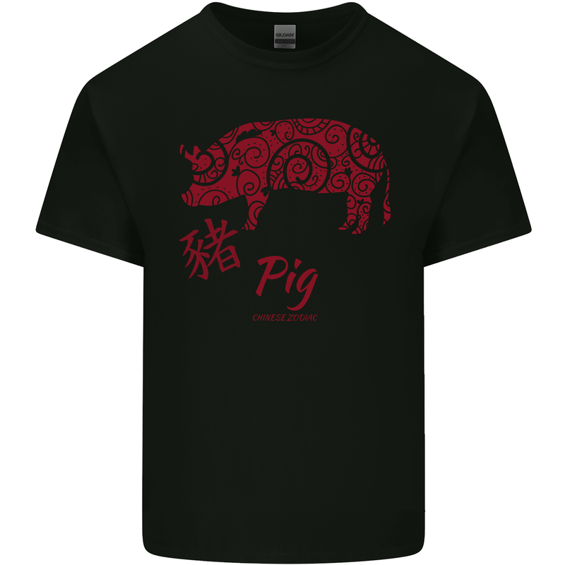 Chinese Zodiac Shengxiao Year of the Pig Mens Cotton T-Shirt Tee Top Black