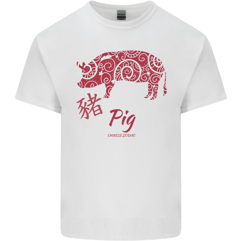 Chinese Zodiac Shengxiao Year of the Pig Mens Cotton T-Shirt Tee Top White