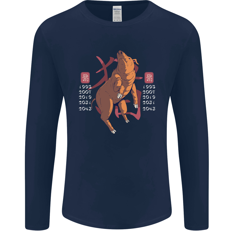 Chinese Zodiac Shengxiao Year of the Pig Mens Long Sleeve T-Shirt Navy Blue