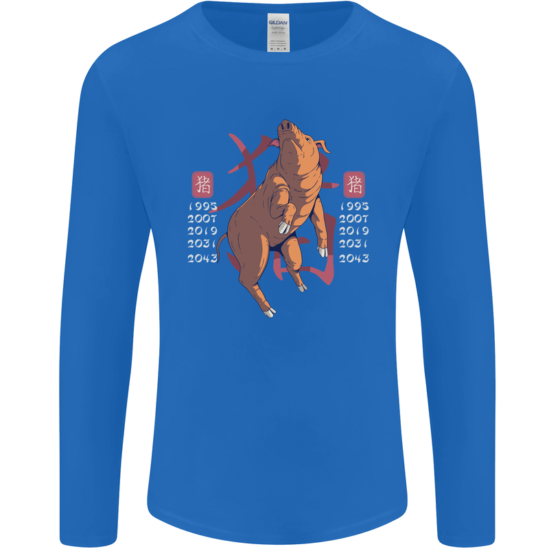 Chinese Zodiac Shengxiao Year of the Pig Mens Long Sleeve T-Shirt Royal Blue
