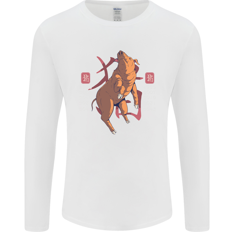 Chinese Zodiac Shengxiao Year of the Pig Mens Long Sleeve T-Shirt White