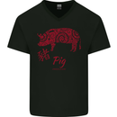 Chinese Zodiac Shengxiao Year of the Pig Mens V-Neck Cotton T-Shirt Black