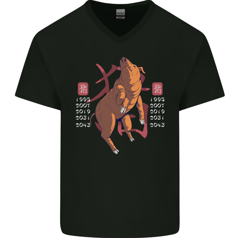 Chinese Zodiac Shengxiao Year of the Pig Mens V-Neck Cotton T-Shirt Black