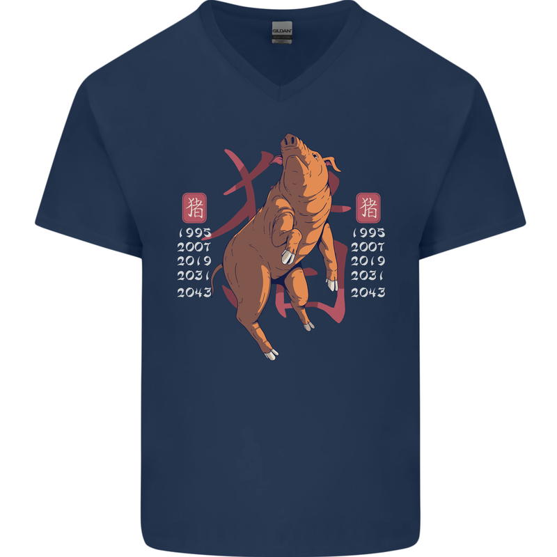 Chinese Zodiac Shengxiao Year of the Pig Mens V-Neck Cotton T-Shirt Navy Blue