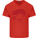 Chinese Zodiac Shengxiao Year of the Pig Mens V-Neck Cotton T-Shirt Red