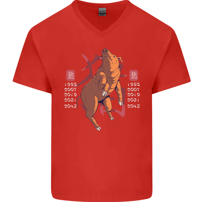 Chinese Zodiac Shengxiao Year of the Pig Mens V-Neck Cotton T-Shirt Red