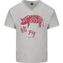 Chinese Zodiac Shengxiao Year of the Pig Mens V-Neck Cotton T-Shirt Sports Grey