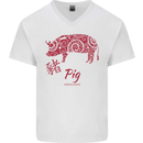 Chinese Zodiac Shengxiao Year of the Pig Mens V-Neck Cotton T-Shirt White