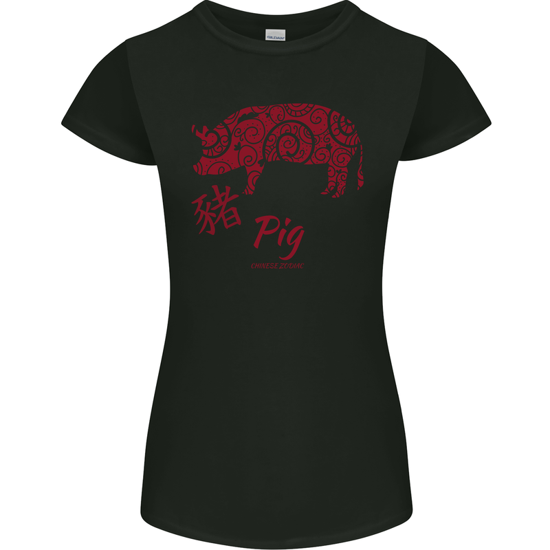 Chinese Zodiac Shengxiao Year of the Pig Womens Petite Cut T-Shirt Black