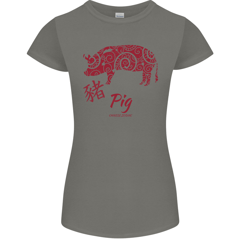 Chinese Zodiac Shengxiao Year of the Pig Womens Petite Cut T-Shirt Charcoal