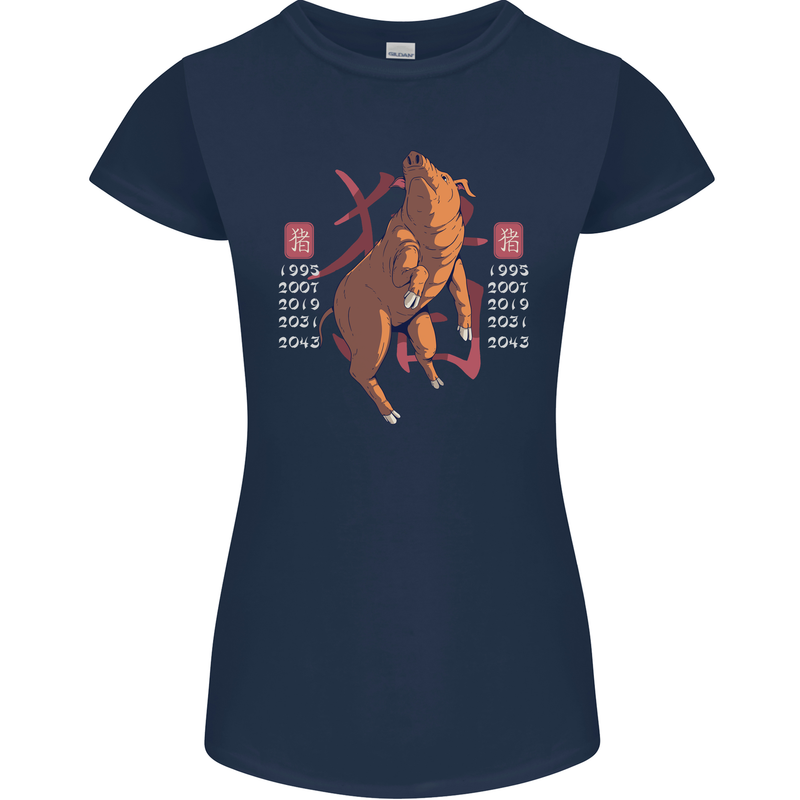 Chinese Zodiac Shengxiao Year of the Pig Womens Petite Cut T-Shirt Navy Blue