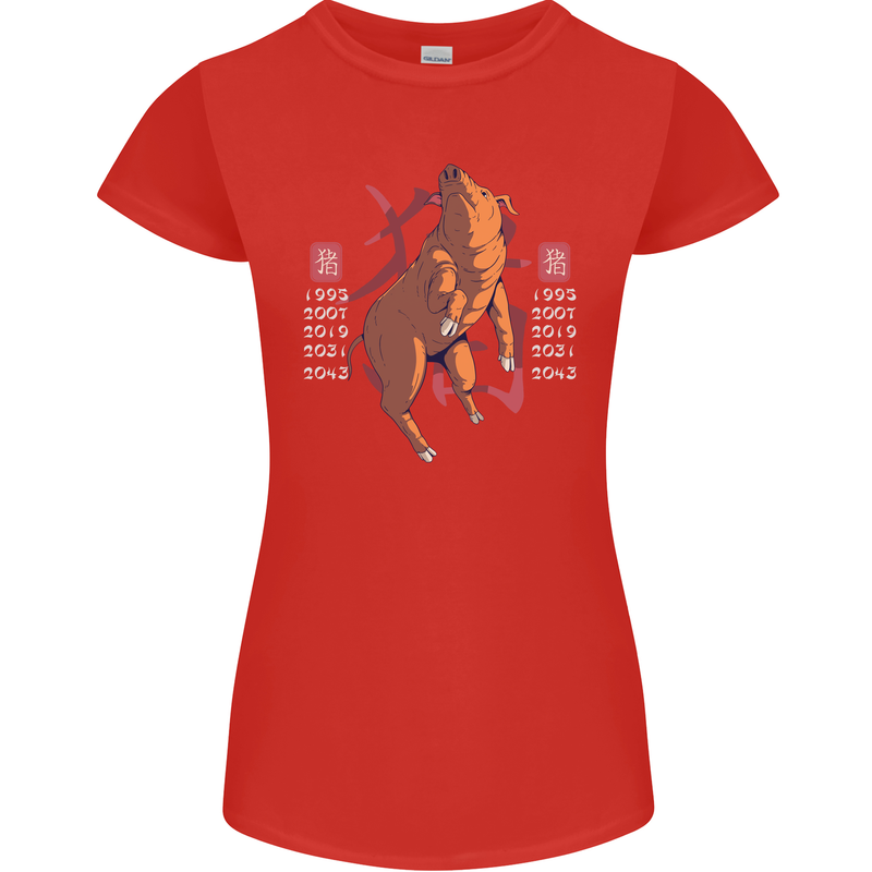Chinese Zodiac Shengxiao Year of the Pig Womens Petite Cut T-Shirt Red