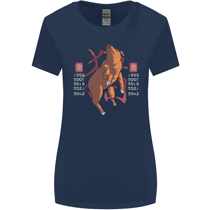Chinese Zodiac Shengxiao Year of the Pig Womens Wider Cut T-Shirt Navy Blue