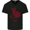 Chinese Zodiac Shengxiao Year of the Rabbit Mens V-Neck Cotton T-Shirt Black