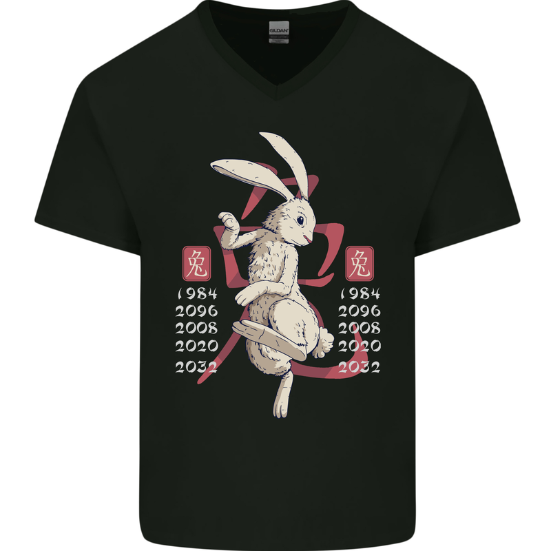 Chinese Zodiac Shengxiao Year of the Rabbit Mens V-Neck Cotton T-Shirt Black
