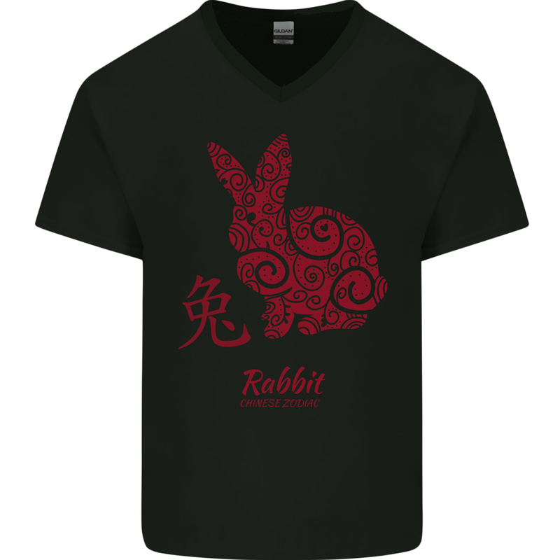 Chinese Zodiac Shengxiao Year of the Rabbit Mens V-Neck Cotton T-Shirt Black