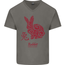 Chinese Zodiac Shengxiao Year of the Rabbit Mens V-Neck Cotton T-Shirt Charcoal