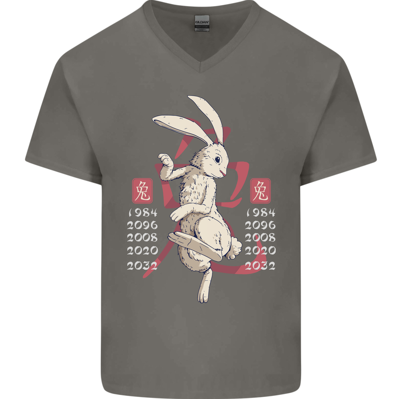 Chinese Zodiac Shengxiao Year of the Rabbit Mens V-Neck Cotton T-Shirt Charcoal