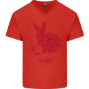 Chinese Zodiac Shengxiao Year of the Rabbit Mens V-Neck Cotton T-Shirt Red
