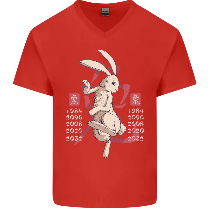Chinese Zodiac Shengxiao Year of the Rabbit Mens V-Neck Cotton T-Shirt Red
