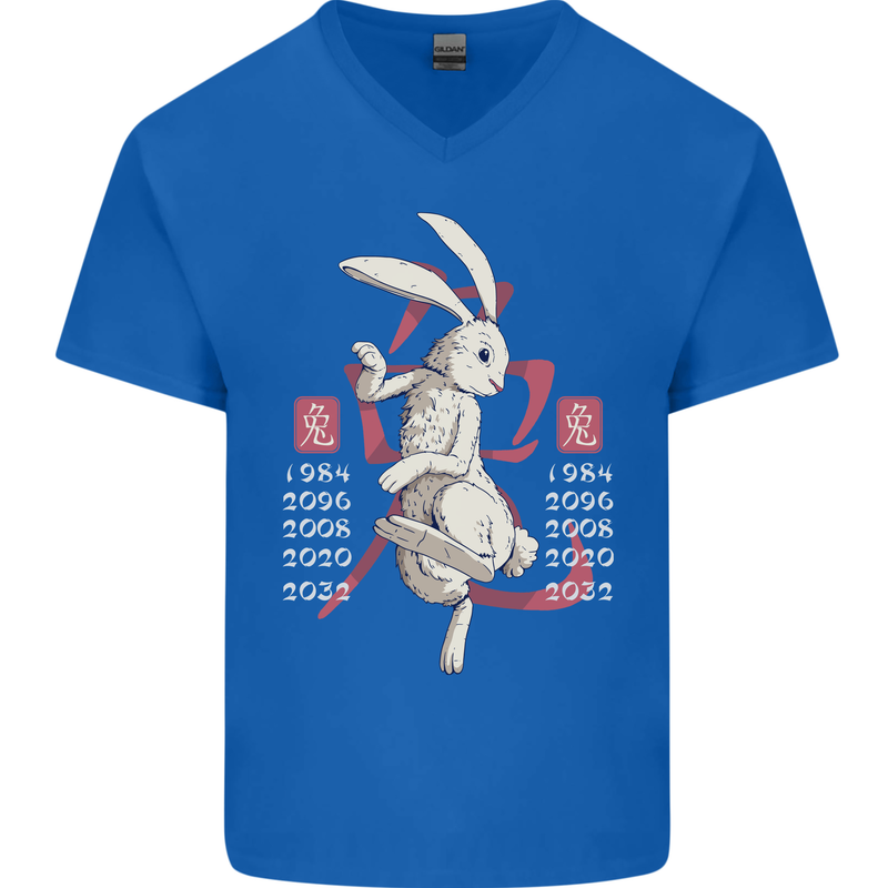 Chinese Zodiac Shengxiao Year of the Rabbit Mens V-Neck Cotton T-Shirt Royal Blue