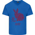 Chinese Zodiac Shengxiao Year of the Rabbit Mens V-Neck Cotton T-Shirt Royal Blue