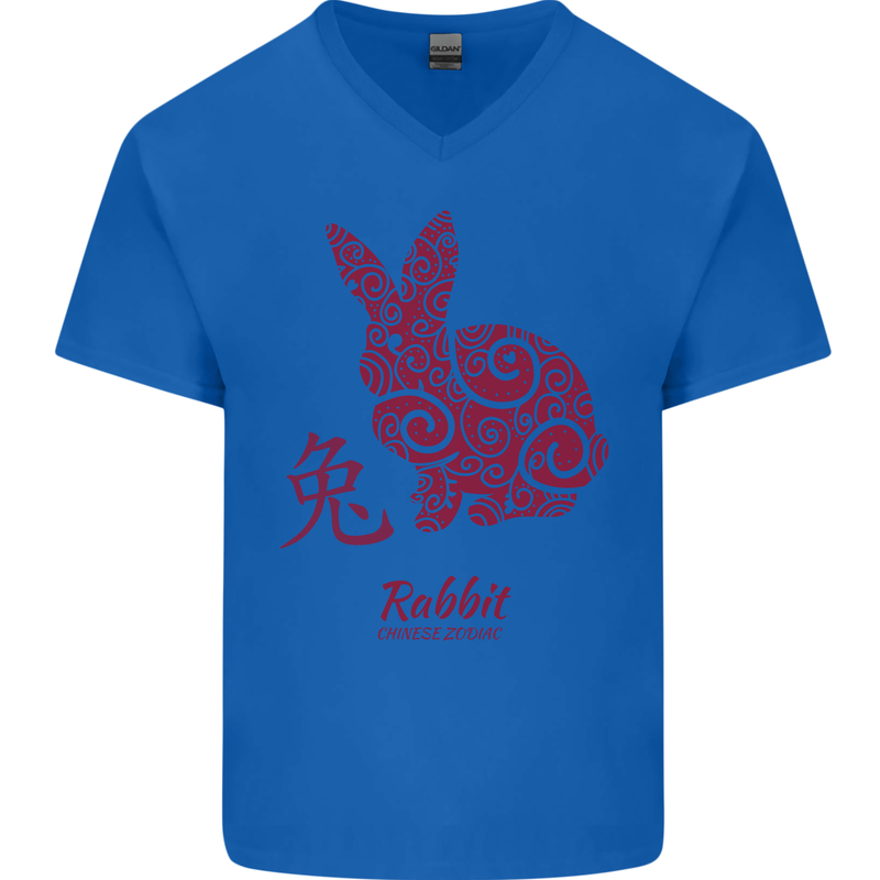 Chinese Zodiac Shengxiao Year of the Rabbit Mens V-Neck Cotton T-Shirt Royal Blue