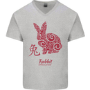 Chinese Zodiac Shengxiao Year of the Rabbit Mens V-Neck Cotton T-Shirt Sports Grey