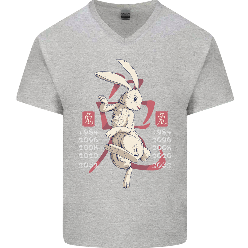 Chinese Zodiac Shengxiao Year of the Rabbit Mens V-Neck Cotton T-Shirt Sports Grey