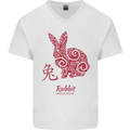 Chinese Zodiac Shengxiao Year of the Rabbit Mens V-Neck Cotton T-Shirt White