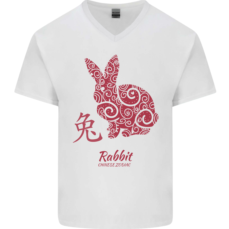 Chinese Zodiac Shengxiao Year of the Rabbit Mens V-Neck Cotton T-Shirt White