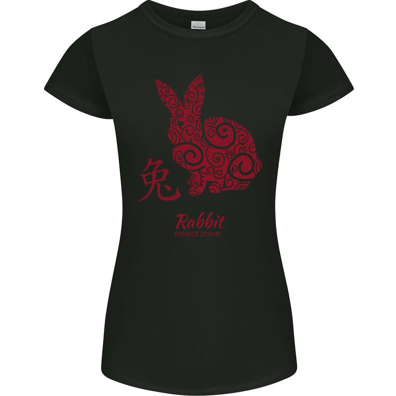 Chinese Zodiac Shengxiao Year of the Rabbit Womens Petite Cut T-Shirt Black