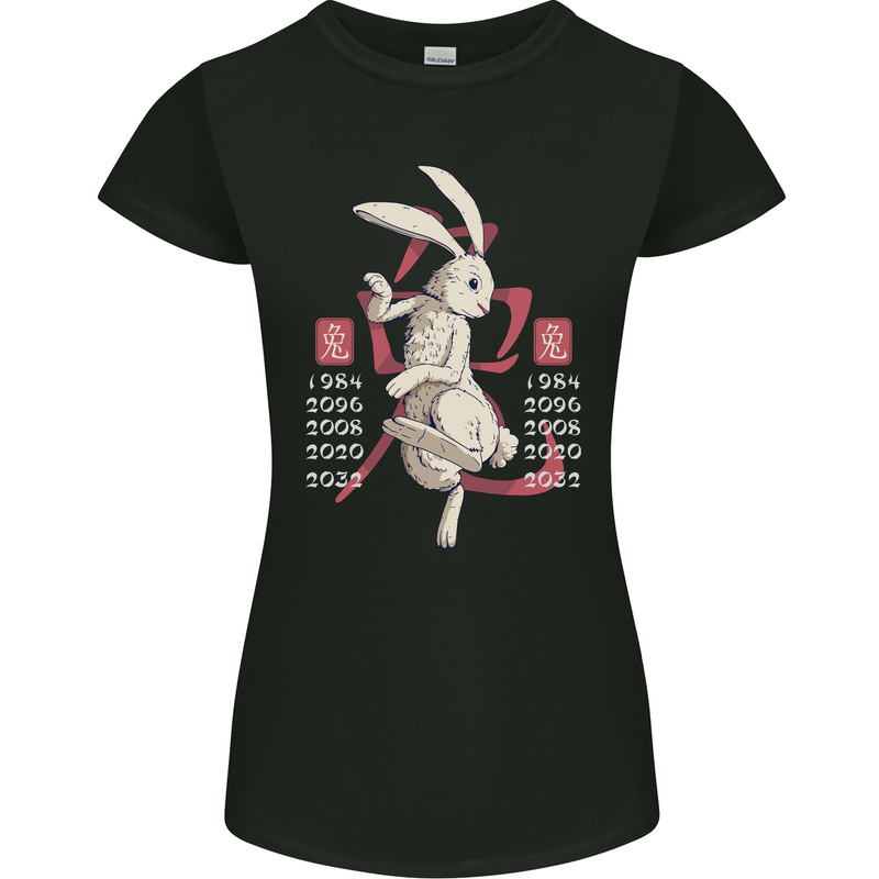Chinese Zodiac Shengxiao Year of the Rabbit Womens Petite Cut T-Shirt Black