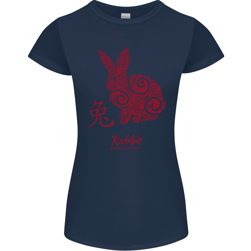 Chinese Zodiac Shengxiao Year of the Rabbit Womens Petite Cut T-Shirt Navy Blue