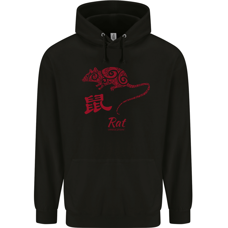 Chinese Zodiac Shengxiao Year of the Rat Mens 80% Cotton Hoodie Black