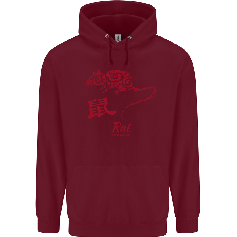 Chinese Zodiac Shengxiao Year of the Rat Mens 80% Cotton Hoodie Maroon
