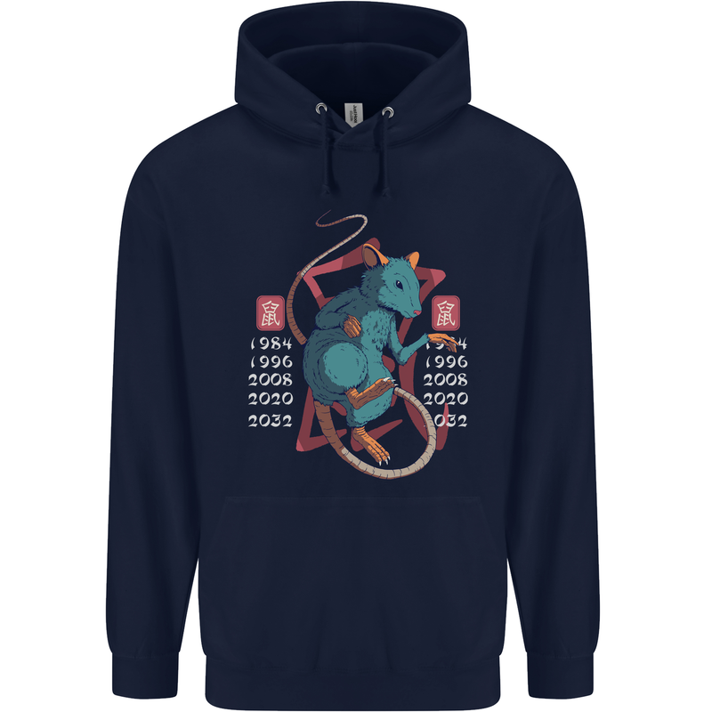 Chinese Zodiac Shengxiao Year of the Rat Mens 80% Cotton Hoodie Navy Blue