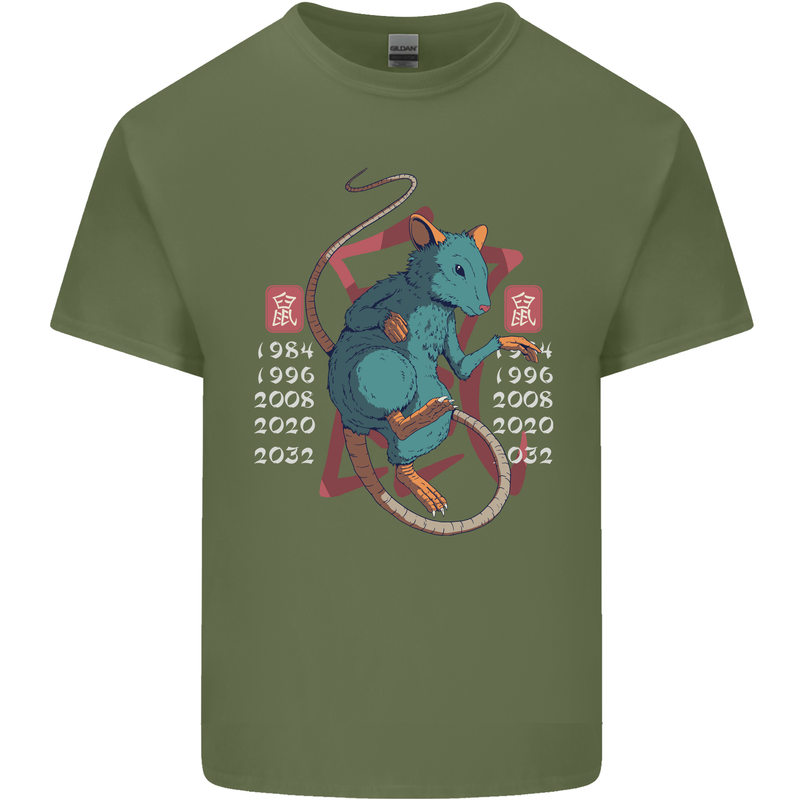Chinese Zodiac Shengxiao Year of the Rat Mens Cotton T-Shirt Tee Top Military Green