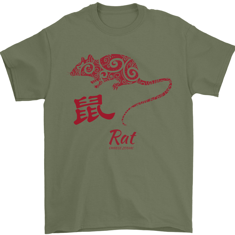 Chinese Zodiac Shengxiao Year of the Rat Mens T-Shirt Cotton Gildan Military Green