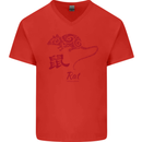 Chinese Zodiac Shengxiao Year of the Rat Mens V-Neck Cotton T-Shirt Red