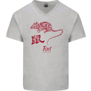Chinese Zodiac Shengxiao Year of the Rat Mens V-Neck Cotton T-Shirt Sports Grey