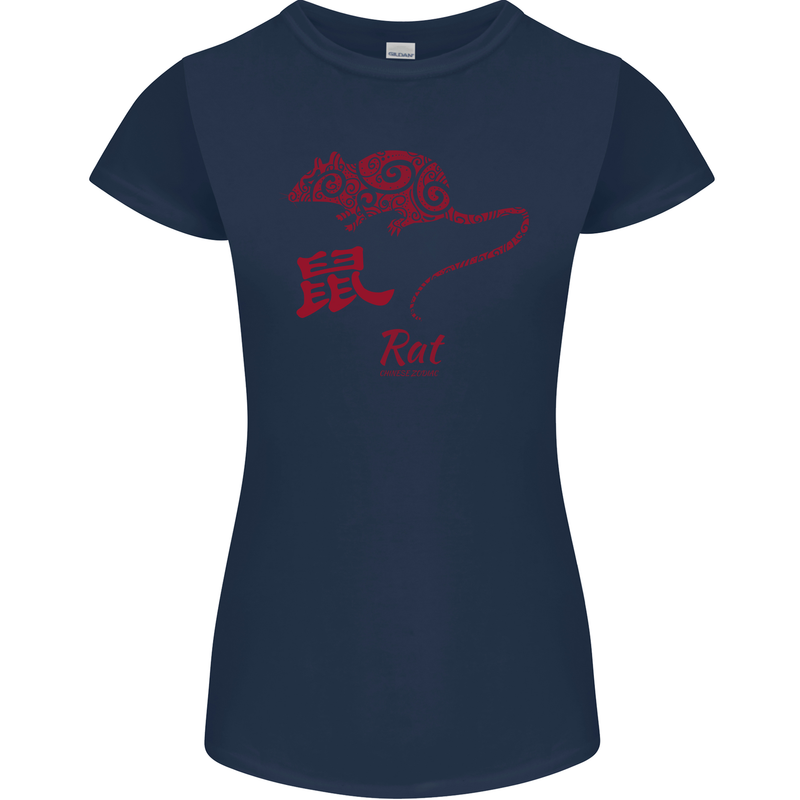 Chinese Zodiac Shengxiao Year of the Rat Womens Petite Cut T-Shirt Navy Blue