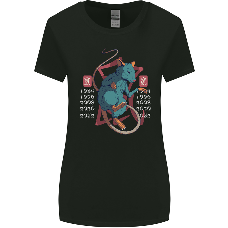 Chinese Zodiac Shengxiao Year of the Rat Womens Wider Cut T-Shirt Black