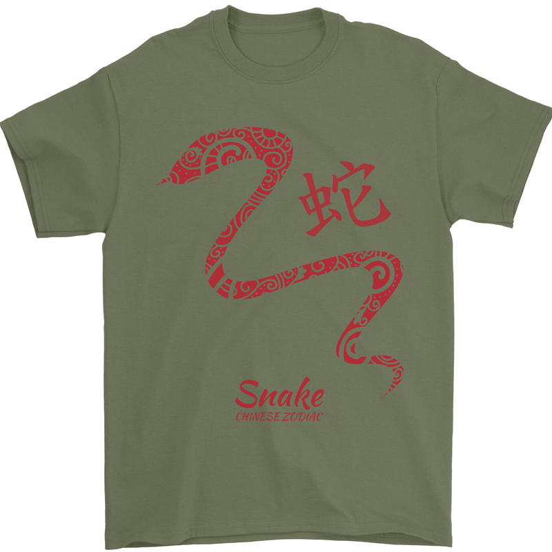 Chinese Zodiac Shengxiao Year of the Snake Mens T-Shirt Cotton Gildan Military Green