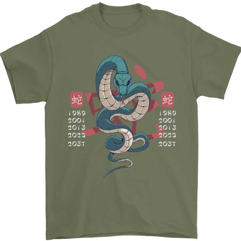 Chinese Zodiac Shengxiao Year of the Snake Mens T-Shirt Cotton Gildan Military Green