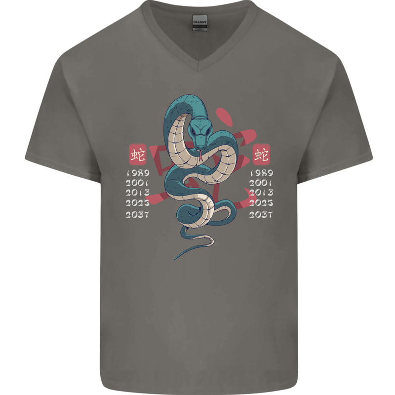 Chinese Zodiac Shengxiao Year of the Snake Mens V-Neck Cotton T-Shirt Charcoal