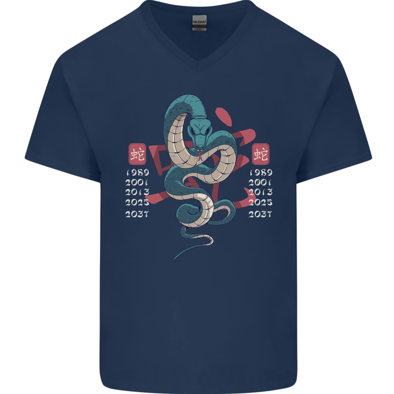Chinese Zodiac Shengxiao Year of the Snake Mens V-Neck Cotton T-Shirt Navy Blue